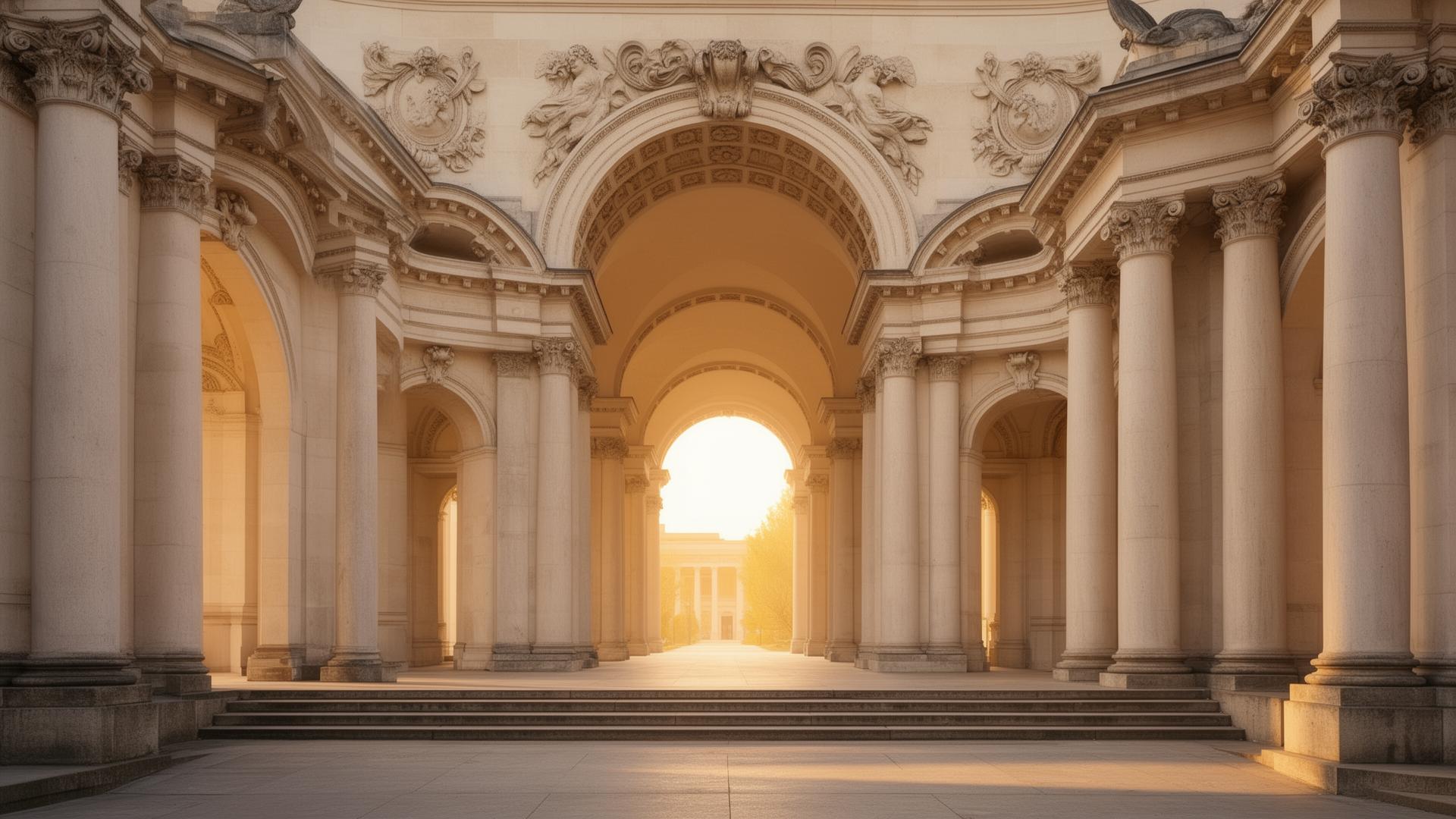 Grand interior architecture with warm golden lighting and arches