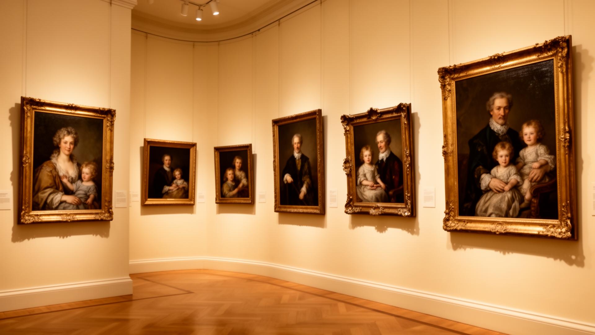 Museum gallery displaying colorized family portraits
