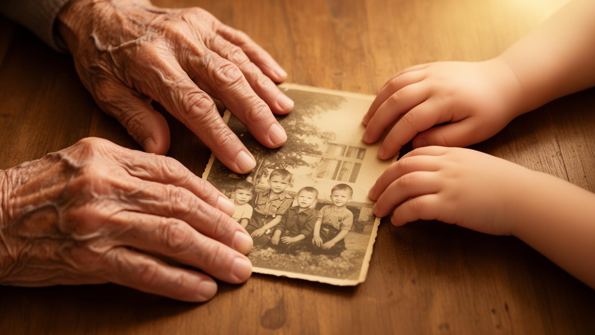 Elderly and young hands examining vintage family photograph together