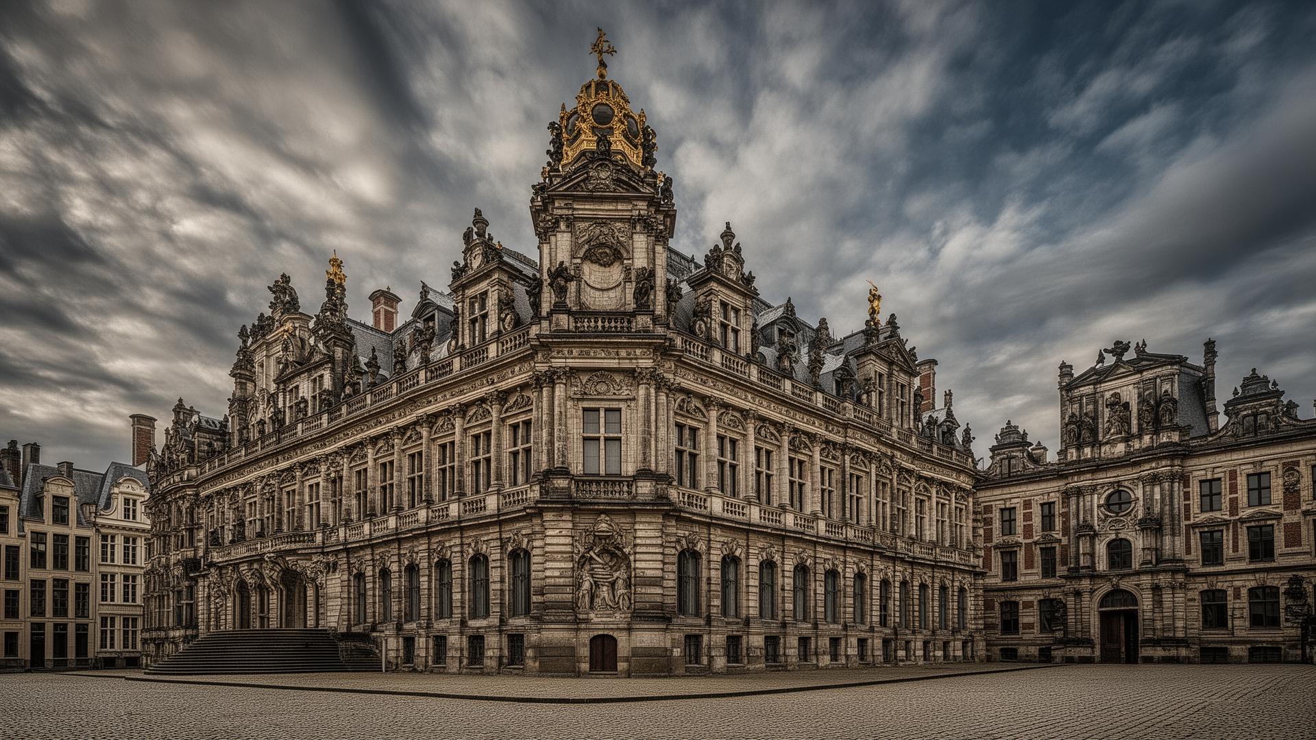 Historic ornate building with dramatic sky