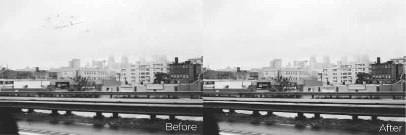 Before and after comparison showing dramatic restoration of a city street scene