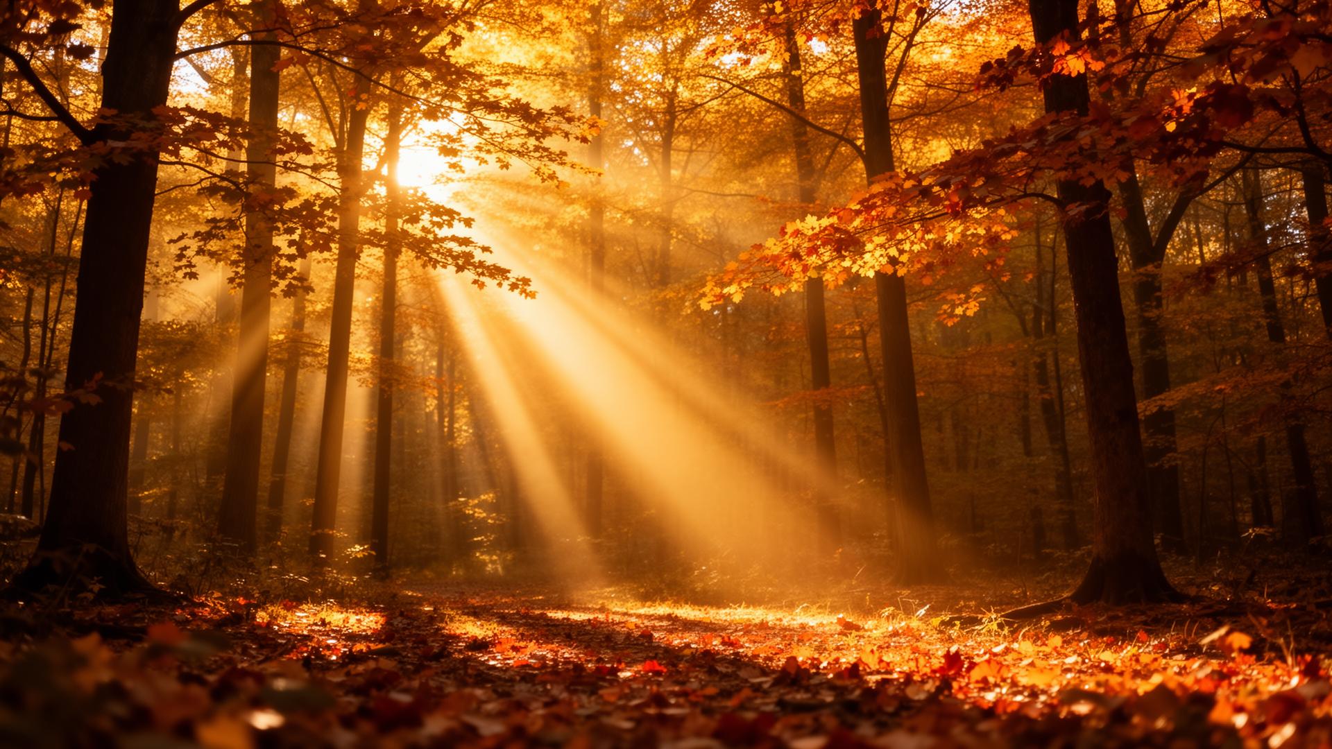 Autumn forest with golden sunlight streaming through trees