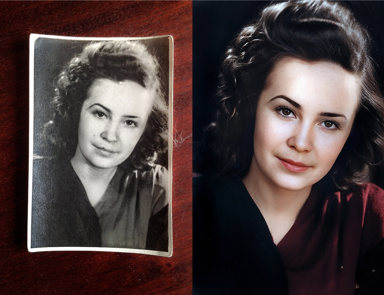 Before and after photo restoration comparison showing vintage photo transformed to color